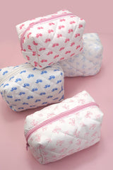 QUILTED COTTON BOW COSMETIC POUCH BAG