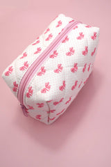 QUILTED COTTON BOW COSMETIC POUCH BAG