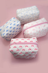 QUILTED COTTON BOW COSMETIC POUCH BAG