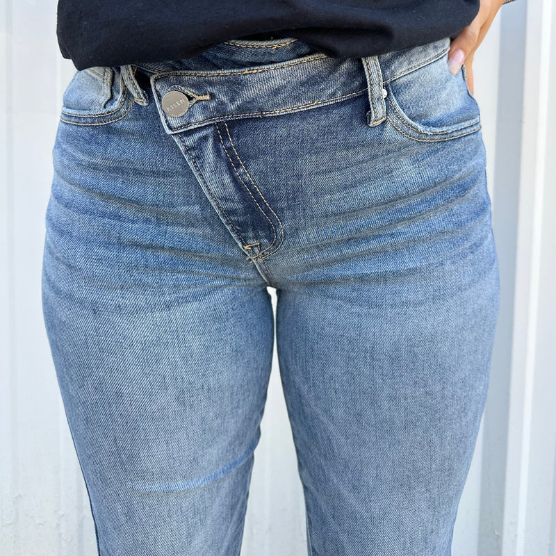 Blue high-rise crossover straight jean